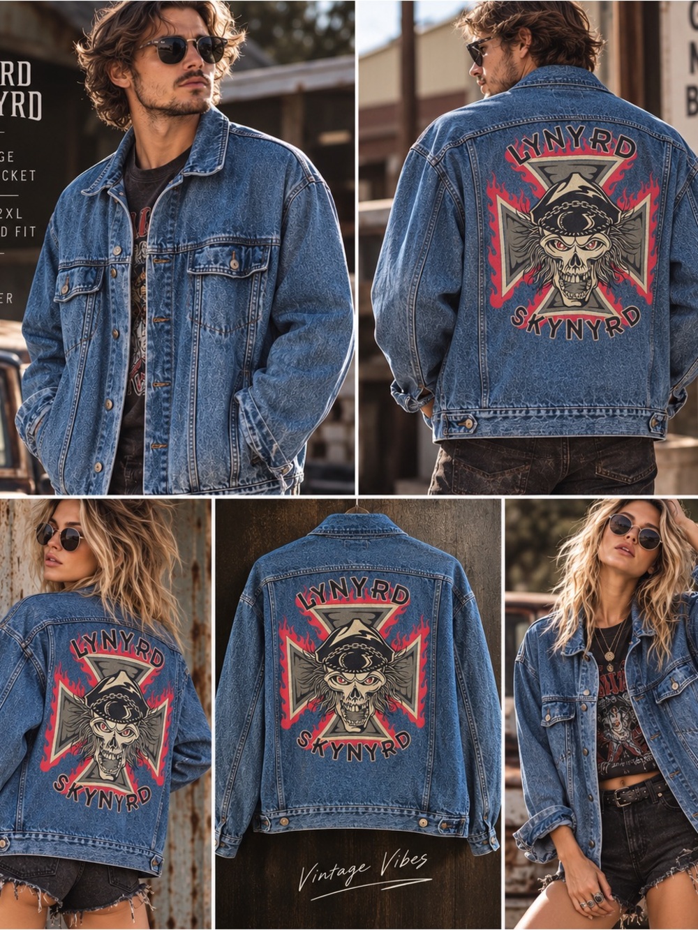 Vintage First Choice Lynyrd Skynyrd Denim Jacket Men’s 2XL Skull Biker Rock